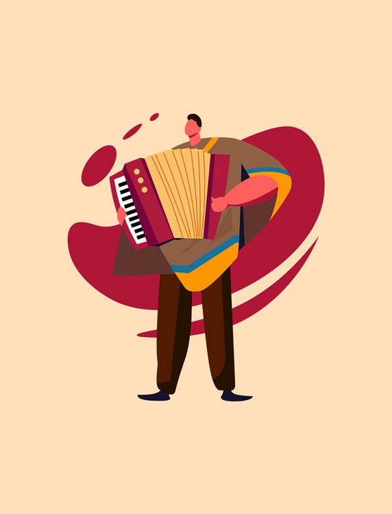 红色扁平风乐器跳舞男性演奏手风琴人物主题元素音乐