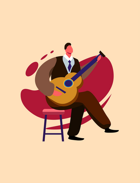 红色扁平风乐器跳舞男性坐着表演弹吉他人物主题元素