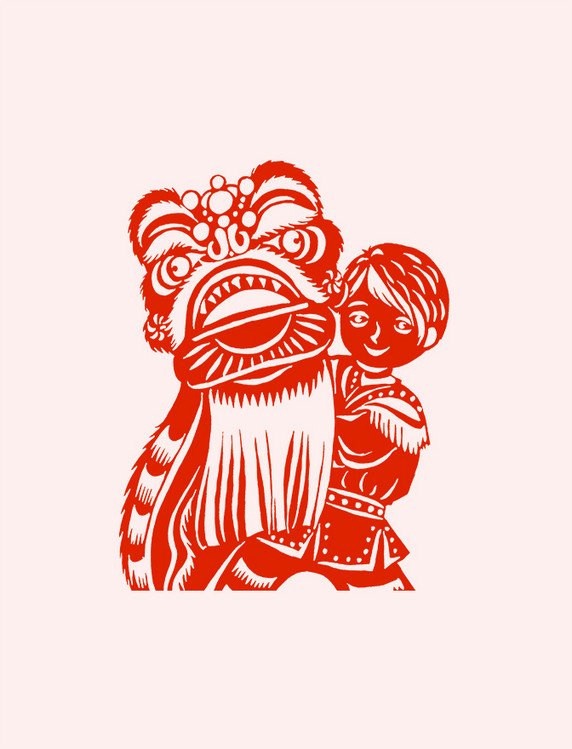 中国传统文化剪纸风红色舞狮免扣素材春节窗花
