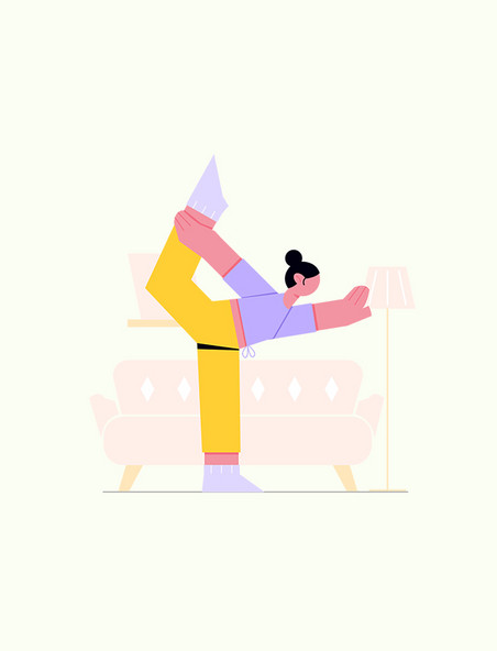 紫黄色扁平风瑜伽运动单腿直立一手卧腿一手张开人物主题元素