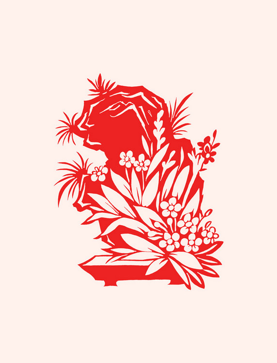 水仙山石红色剪纸春节新年窗花植物花卉盆栽