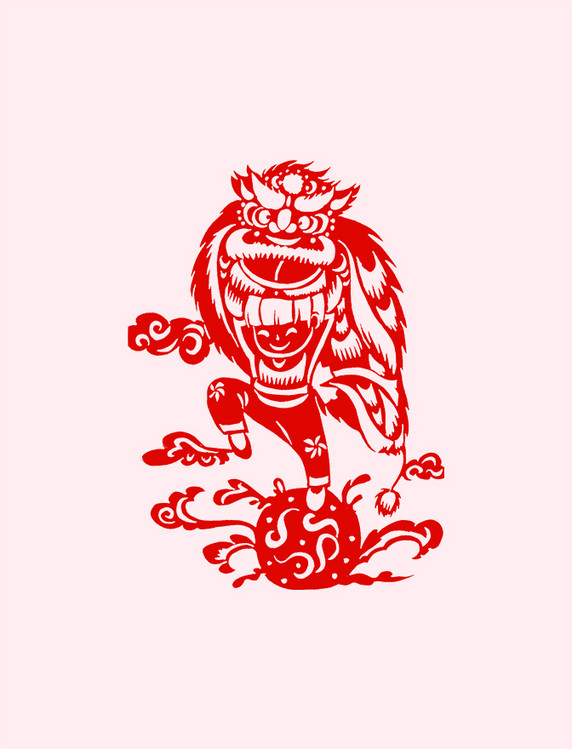 中国传统文化红色剪纸风格舞狮免扣素材