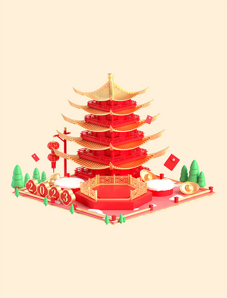 3D春节新春新年年货节中式建筑中国风场景宝塔