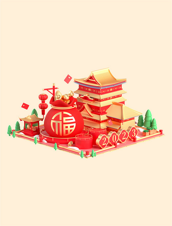 3D春节新春新年年货节中式建筑中国风场景