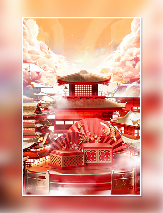 3D中国风国潮红金建筑创意C4D电商场景