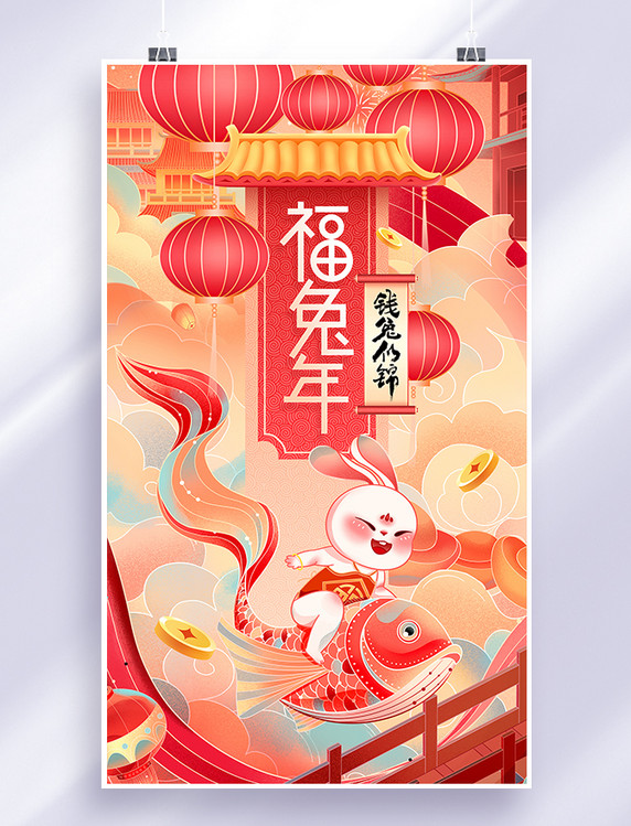 红色喜庆手绘2023兔年春节兔子锦鲤过年大年初一新年插画海报