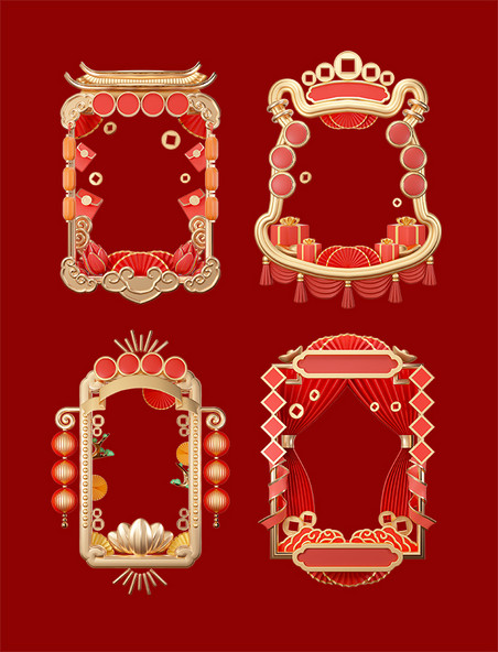 3D立体C4D红金中国风喜庆兔年春节新春边框套图年货节