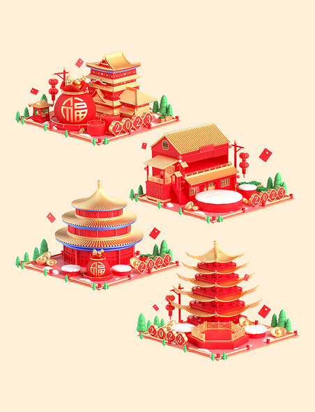 3D春节新春新年年货节中式建筑中国风场景套图