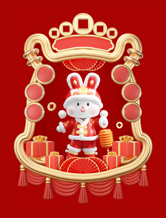 3D立体C4D红金中国风喜庆兔年春节新春边框小兔子拜年
