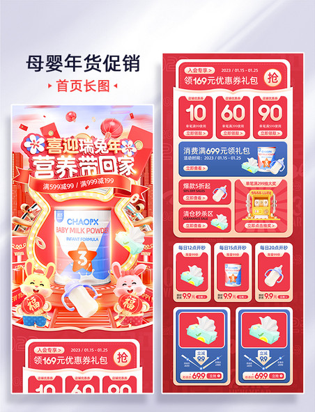 红色喜庆2023兔年年货节母婴奶粉通用电商首页活动页H5长图