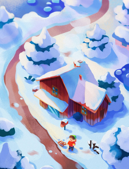 冬天冬季手绘雪景木屋场景插画雪