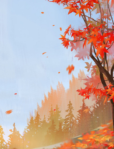 秋景手绘秋天秋季枫叶郊外插画；落叶