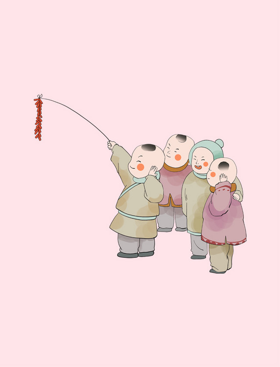 兔年春节福娃放鞭炮喜迎新年