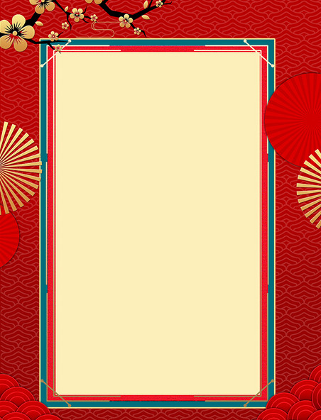 中国风金色梅花红色背景国潮春节新年边框剪纸