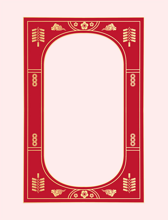 新年春节新春立体剪纸风红金铜钱炮竹边框