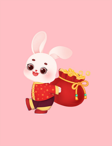 新年春节红色兔子喜庆卡通兔年迎财神背福袋金元宝PNG