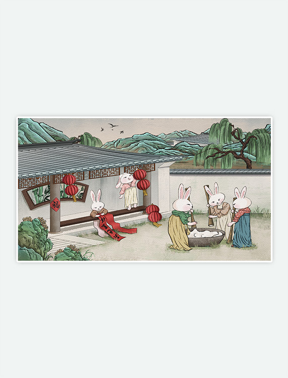 2023癸卯兔年春节古风兔子过年插画拟人习俗年俗