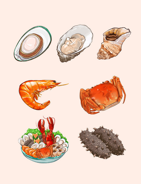 手绘海鲜美食盛宴元素水彩生鲜食物