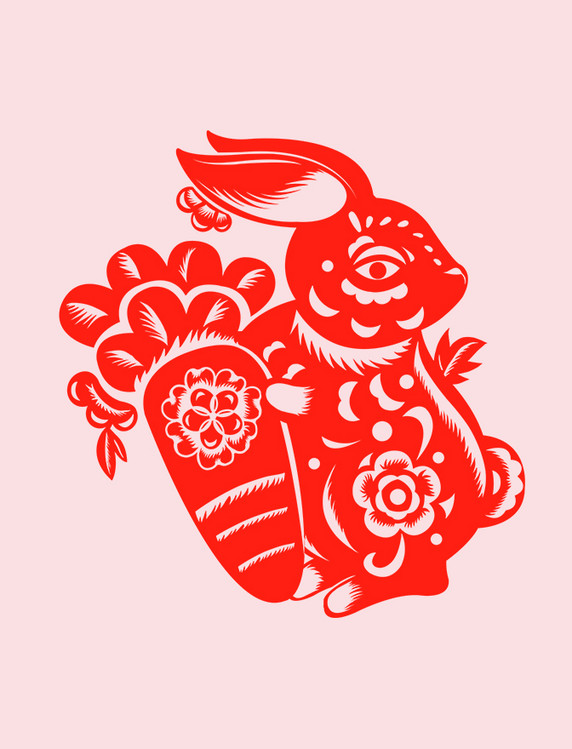 红色兔年兔子剪纸窗花兔子抱胡萝卜