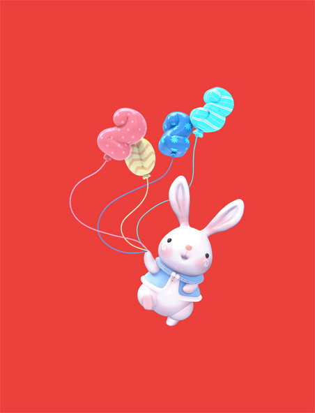 卡通3D立体拉着气球的兔子