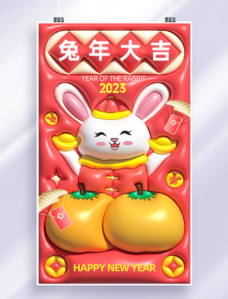 2023兔年春节祝福AI膨胀兔子兔年大吉祝福海报