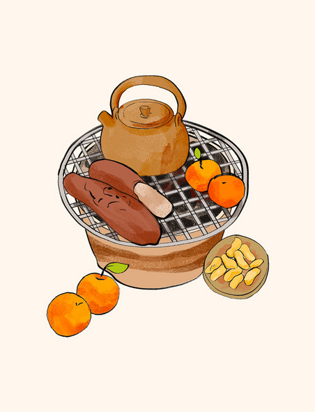 碳炉围炉煮茶红薯坚果橘子