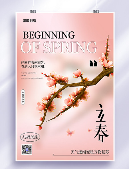 二十四节气立春花朵粉色简约海报