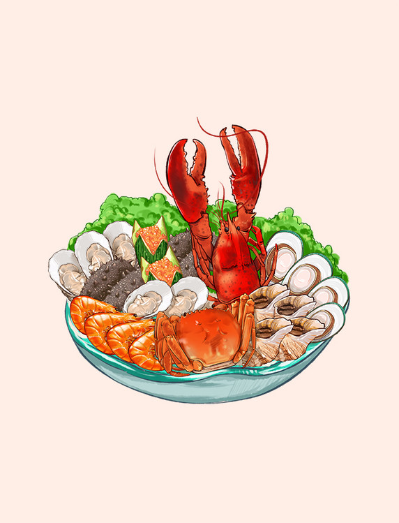 手绘海鲜美食盛宴海鲜拼盘水彩生鲜食物