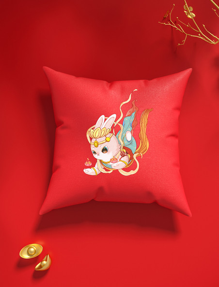 春节兔年金元宝红色喜庆抱枕样机