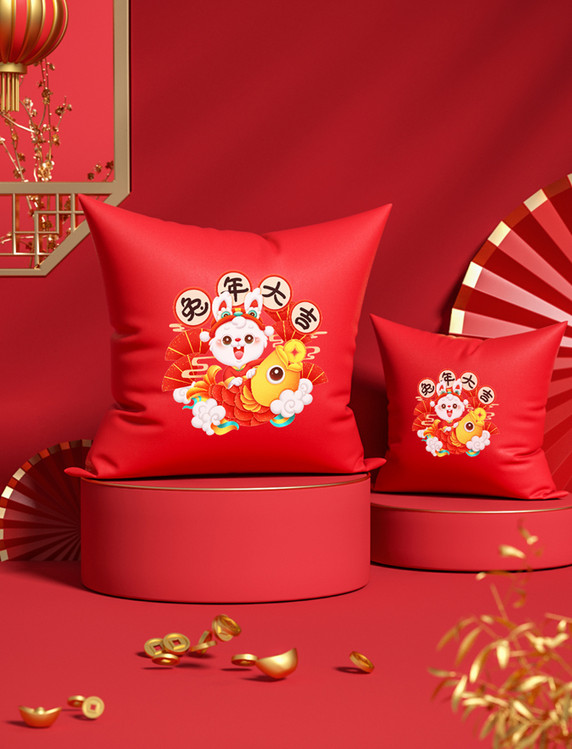 新年兔年春节红色喜庆中国风抱枕样机