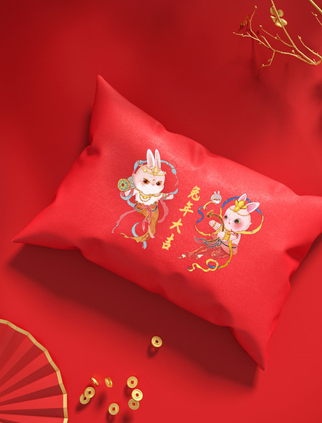 新年春节兔年敦煌红色抱枕枕头喜庆样机