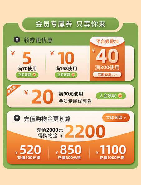 橙色绿色春季上新电商促销活动机制优惠券详情模块