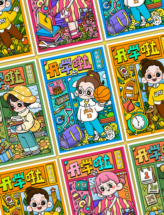 开学季开学寄语分格人物插画套图