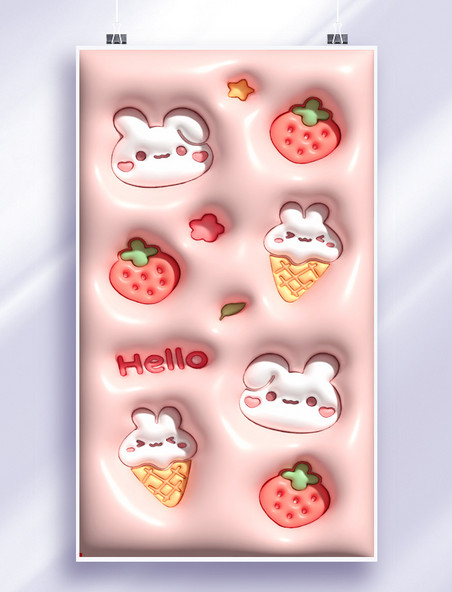粉色卡通可爱冰淇淋草莓兔子膨胀风手机壁纸