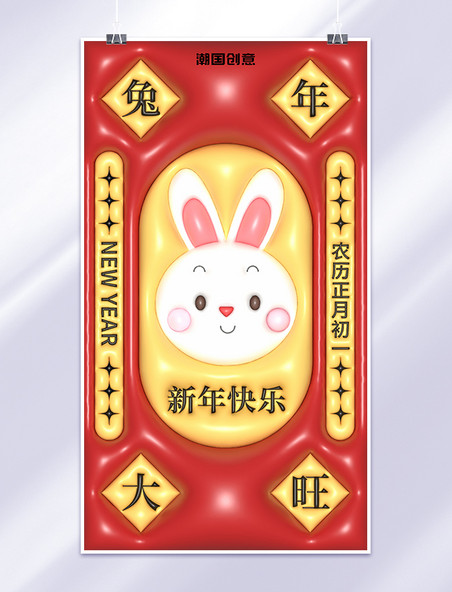 新年春节兔年大旺兔子红色膨胀风3D海报