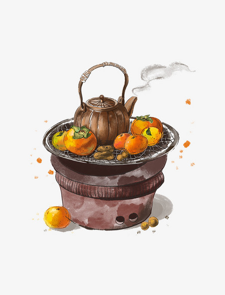 手绘插画围炉煮茶橘子柿子元素手绘水彩