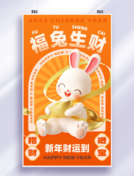 2023年福兔生财兔年春节新年祝福3d海报