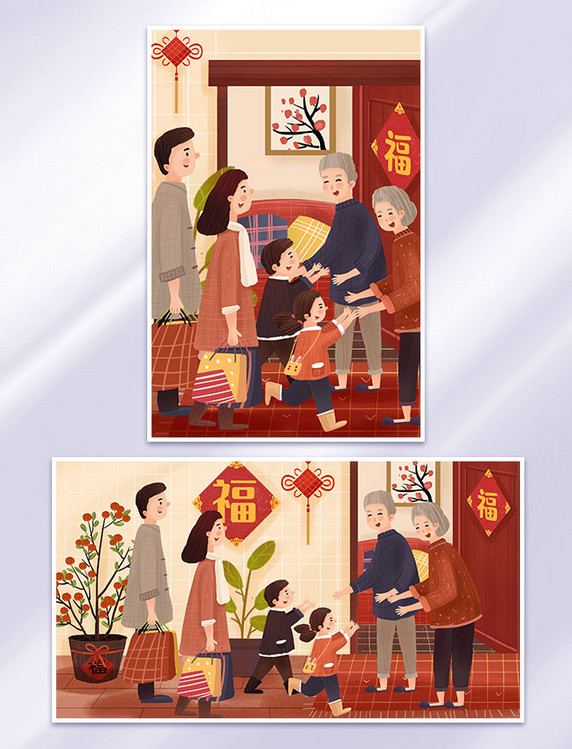 新年春节除夕主题之一家人回家过年拜年人物插画