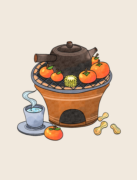 卡通手绘水墨围炉煮茶