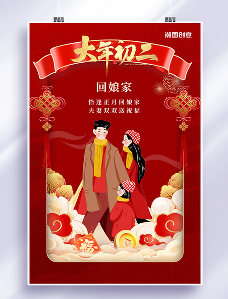 春节正月初二回娘家红色手绘国潮海报