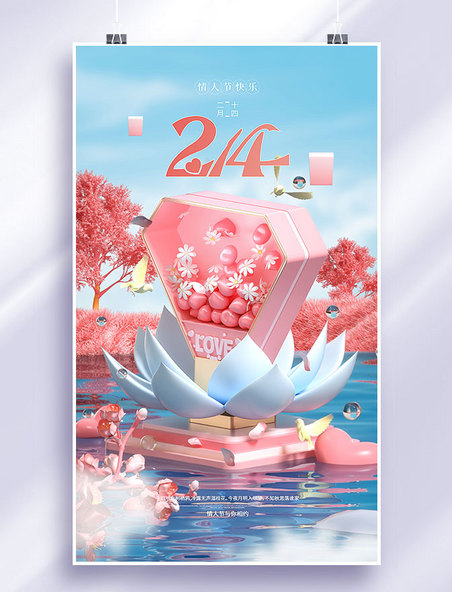 3D立体浪漫情人节节日祝福海报