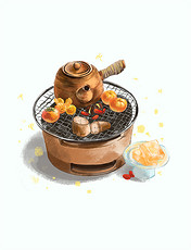 手绘围炉煮茶烤茶红薯橘子柿子茶炉