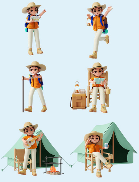 春季春天3D立体旅游户外露营人物套图形象