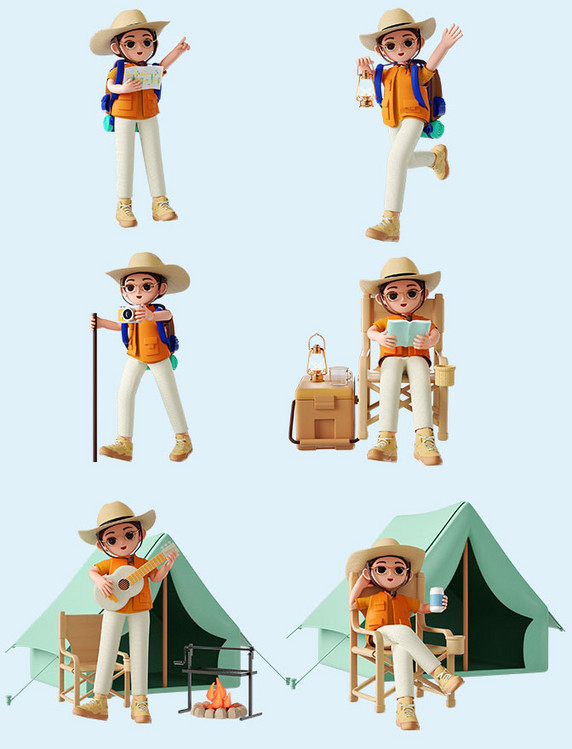 春季春天3D立体旅游户外露营人物套图形象