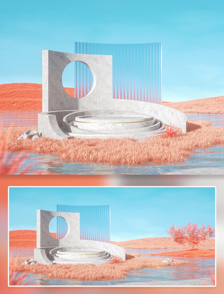 橙色C4D展台空间暖色写实场景海报背景