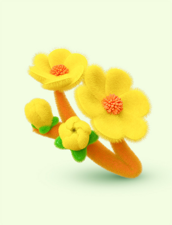 3D立体C4D春天春季毛绒花朵迎春花