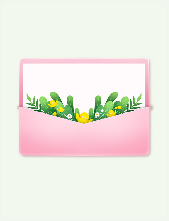 手绘春季春天绿色植物粉色信封信件边框