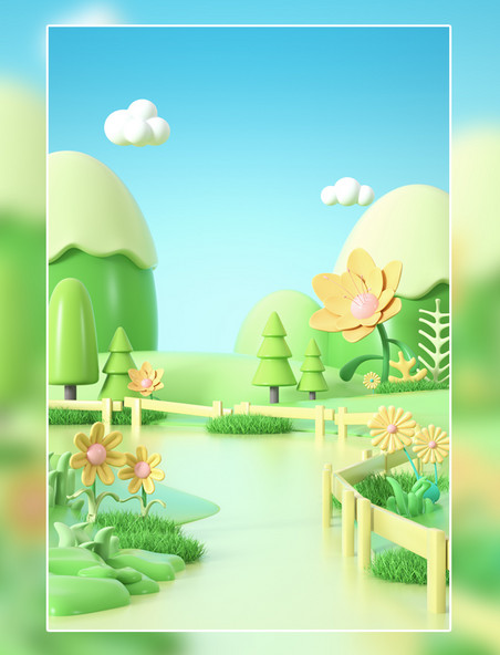 春季春天卡通3D立体C4D植物场景