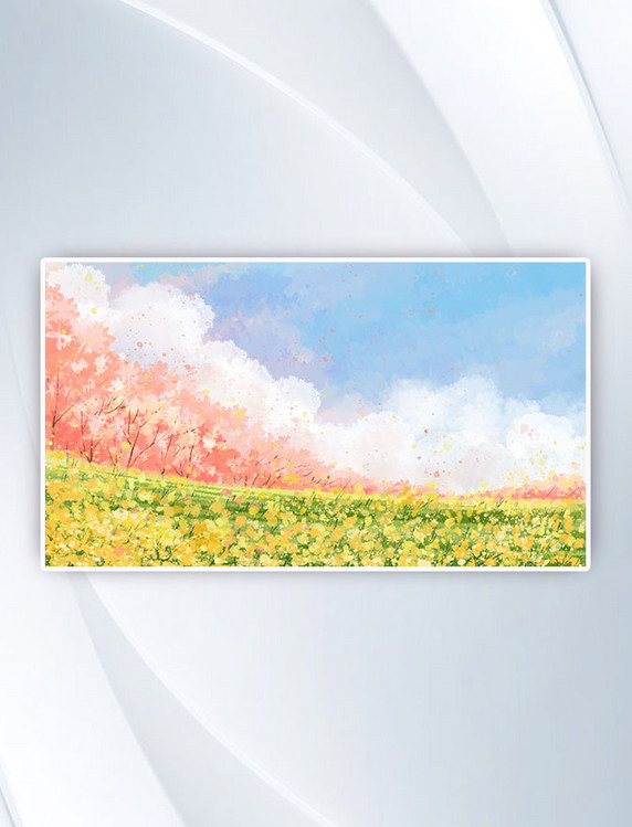 春天唯美浪漫樱花草地花海治愈清新花朵花插画