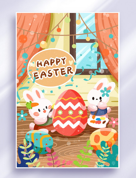 复活节主题手绘卡通小兔子彩蛋插画